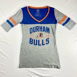 Durham Bulls S Ringer V-neck  Tee Gray Blue Orange Baseball Vintage-style
